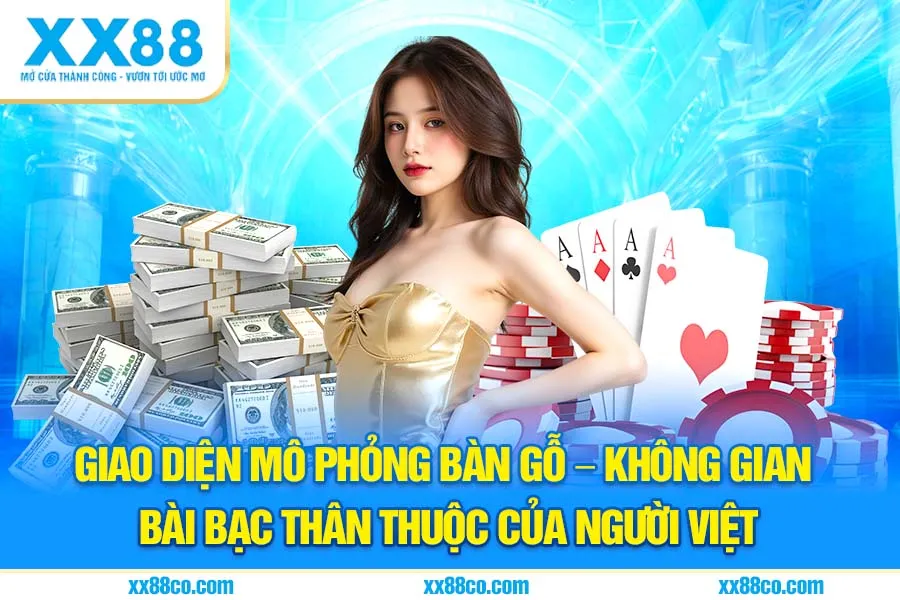 Giao diện mô phỏng bàn gỗ – không gian bài bạc thân thuộc của người Việt